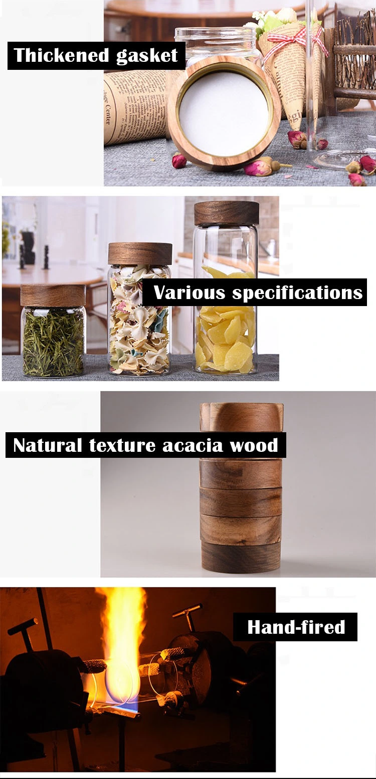 Small Capacity Screw Sealed Lid Handmade Borosilicate Glass Storage Jar Acacia Wooden Lid for Food Spices