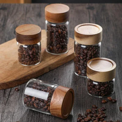 Small Capacity Screw Sealed Lid Handmade Borosilicate Glass Storage Jar Acacia Wooden Lid for Food Spices