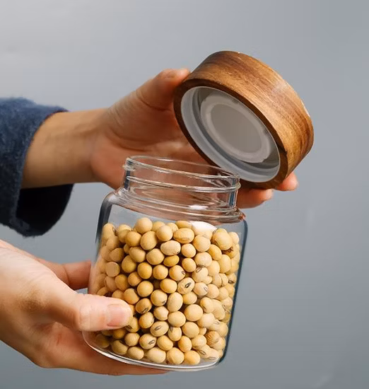 Small Capacity Screw Sealed Lid Handmade Borosilicate Glass Storage Jar Acacia Wooden Lid for Food Spices